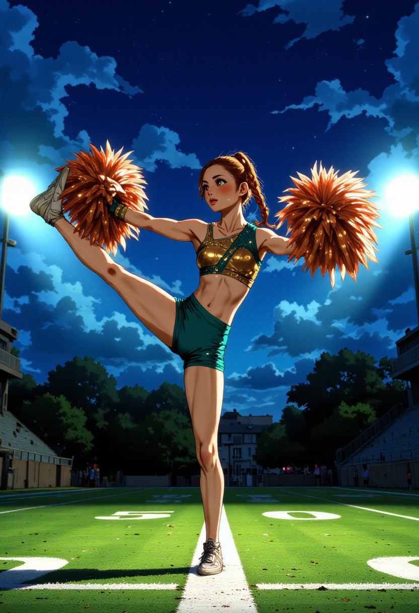 A striking of a FULLBODY cheerleader performing thiruvikramasana pose. The shot frames her from the waist up, capturing the intensity and focus in her eyes as she executes this demanding move. Her uniform defies traditional cheerleading conventions—instead of standard school colors, she wears an avant-garde design featuring an asymmetrical metallic bodice with geometric cutouts that catch the light, paired with a single shoulder strap adorned with small LED lights that create a subtle glow effect. The uniform incorporates unexpected color combinations of deep teal and burnished copper that complement each other while standing apart from typical cheer aesthetics. In her hands, she grips oversized pom-poms that dominate the foreground—lush, full spheres of shimmering mylar strips that create a mesmerizing visual texture. Her hair is styled in an elaborate braided updo with strands of matching metallic ribbon woven throughout. The football field is visible but deliberately blurred in the background, with just enough definition to establish context while keeping all focus on her dramatic pose and unique styling. The lighting captures the precise moment of athletic perfection, highlighting the determination in her expression and the dynamic energy of the performance. It is night time and no other lights, emphasize the LED lights of her shoulder strap j_art, anime, anime, performing thiruvikramasana pose,