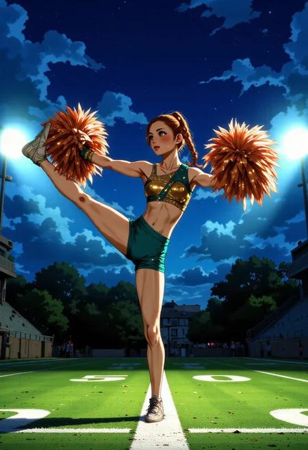 A striking of a FULLBODY cheerleader performing thiruvikramasana pose. The shot frames her from the waist up, capturing the intensity and focus in her eyes as she executes this demanding move. Her uniform defies traditional cheerleading conventions—instead of standard school colors, she wears an avant-garde design featuring an asymmetrical metallic bodice with geometric cutouts that catch the light, paired with a single shoulder strap adorned with small LED lights that create a subtle glow effect. The uniform incorporates unexpected color combinations of deep teal and burnished copper that complement each other while standing apart from typical cheer aesthetics. In her hands, she grips oversized pom-poms that dominate the foreground—lush, full spheres of shimmering mylar strips that create a mesmerizing visual texture. Her hair is styled in an elaborate braided updo with strands of matching metallic ribbon woven throughout. The football field is visible but deliberately blurred in the background, with just enough definition to establish context while keeping all focus on her dramatic pose and unique styling. The lighting captures the precise moment of athletic perfection, highlighting the determination in her expression and the dynamic energy of the performance. It is night time and no other lights, emphasize the LED lights of her shoulder strap j_art, anime, anime, performing thiruvikramasana pose,