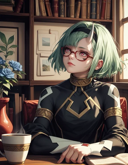 (score_9,score_8_up,score_7_up),<lora:mato_seihei_no_slave_-_ coco_zenibako:0.9>,dawn,from_side,coffee house,reading,red-framed eyewear,adjusting eyewear,vase,book_stack,open_book,zenibako,short_hair,green_hair,facial_mark,single_horn,red_eyes,black_hairband,bodysuit,long_coat,