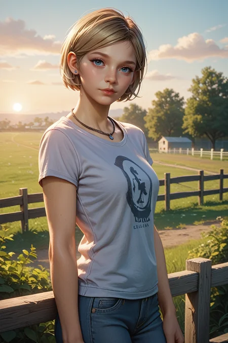 score_9, score_8_up, score_7_up,
 <lora:TLOUSarah:0.8>
TLOUSarah, 1girl, short hair, blue eyes, blonde hair, looking at viewer, wearing casual outfit, standing by a fence, suburban neighborhood, sunset