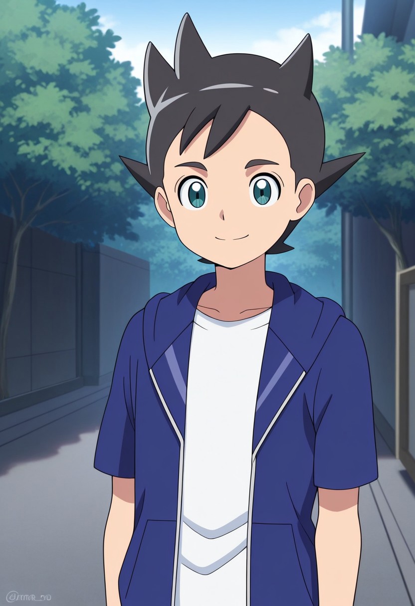 masterpiece,best quality,amazing quality, source_anime,
InamoriAsuto, 1boy, male focus, solo, green eyes, black hair, spiked hair, shirt, white shirt, hoodie, blue hoodie, hood, short sleeves, open hoodie, smile, outdoor,