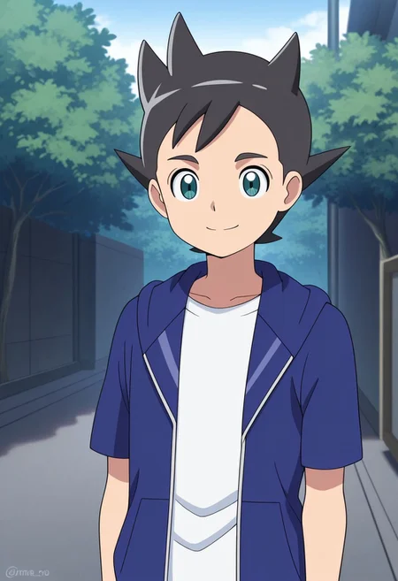 masterpiece,best quality,amazing quality, source_anime,
InamoriAsuto, 1boy, male focus, solo, green eyes, black hair, spiked hair, shirt, white shirt, hoodie, blue hoodie, hood, short sleeves, open hoodie, smile, outdoor,