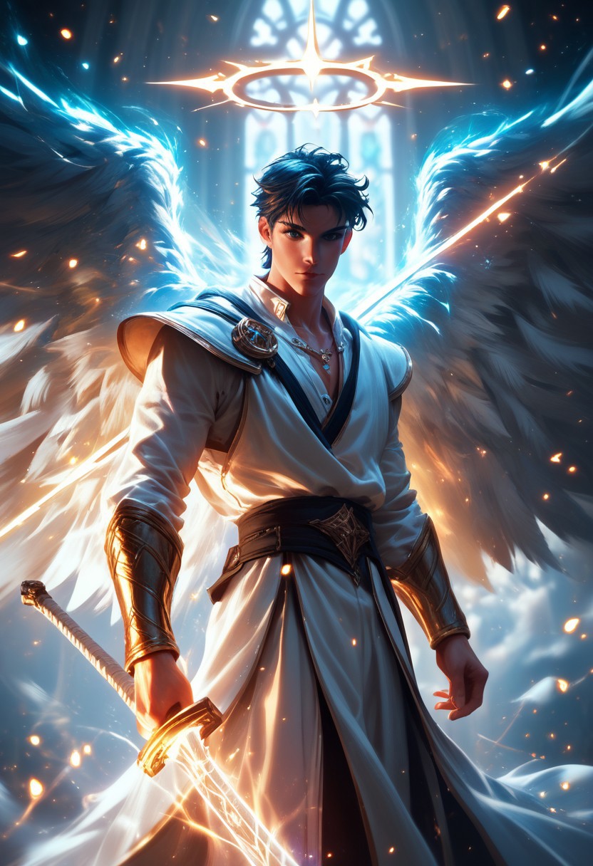 score_9,score_8_up,score_7_up, heaven, powerful angel, archangel holding a sword with glowing runes, holy weapon, glowing majestic angel wings, glowing sword, magical glowing aura, holy light, glowing halo, epic battle scene, high-fantasy realm.
