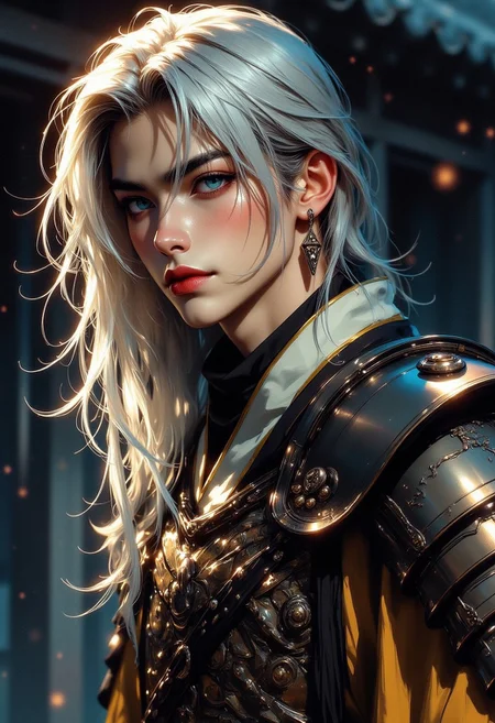 inksketch, japanese female warrior, long loose platinum hair, blue eyes, dark eyeshadow, blusher, red lips, porcelain skin, earrings, bronze armour, dark abstract background, silhouetted in japanese formal garden, light hitting one side of face, the other side in darkness, direct gaze