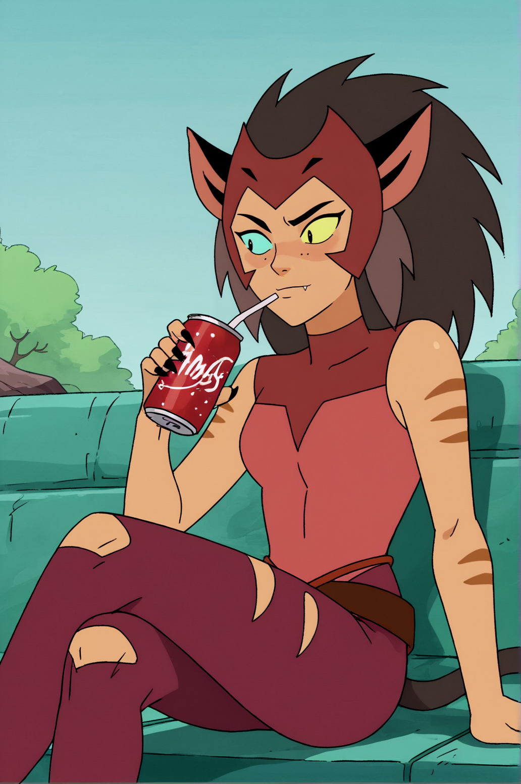 score_9, score_8_up, score_7_up,anime_source, source_anime, best background, detailed background, anime screencap,  Catra, Main Outfit, cowboy shot, blush, naughty face, outdoors, dynamic angle, dynamic camera, tsundere, sitting, crossed legs, drinking, soda can,  <lora:JN_Catra:0.8>