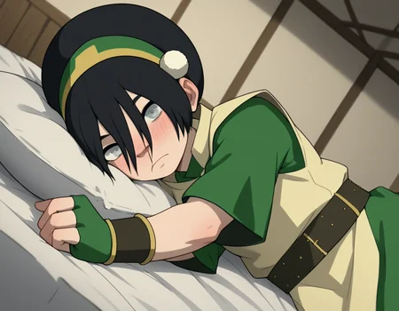 score_9, score_8_up, score_7_up, source_anime, <lora:toph-beifong-book2-ponyxl-lora-nochekaiser:1>, toph beifong, black hair, hairband, blind, grey eyes, hair between eyes, short hair,, shirt, green shirt, vest, belt, short sleeves,, indoors, bed, bed room, on side, blush, drunk, looking at viewer, solo, cowboy shot, dutch angle