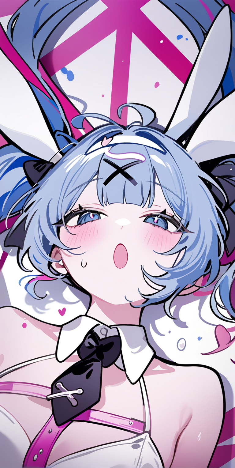 1girl,  hatsune miku, rabbit hole \(vocaloid\), vocaloid, yuki \(asayuki101\),  rating: sensitive, masterpiece, best quality, newest, playboy bunny  <lora:rabbithole_3-000004:1>, :o, blue eyes, blue hair, detached sleeves, long hair, necktie, open mouth, portrait, simple background, solo, twintails, white background