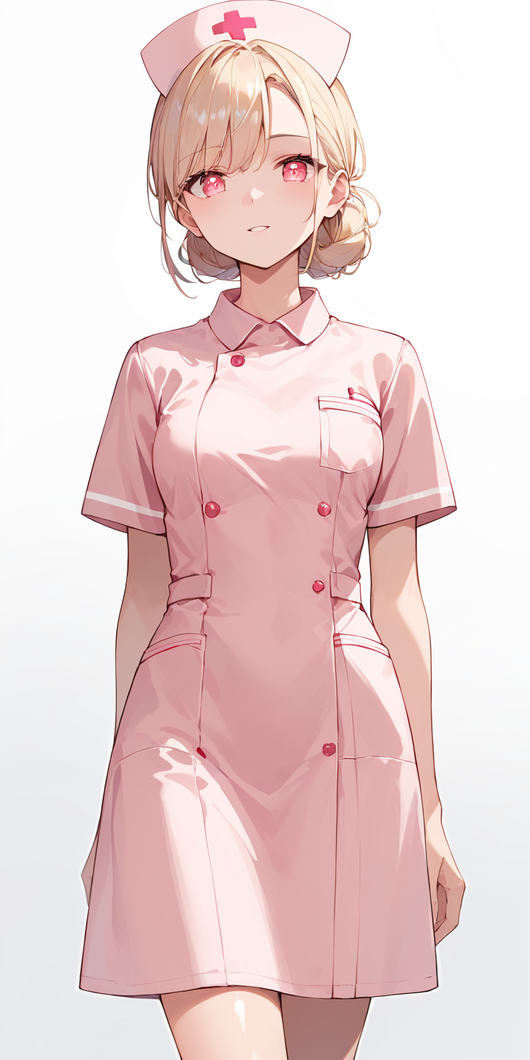score_9, score_8_up, score_7_up,source_anime, high res image,masterpiece,best quality,girl,cute face,clear skin,shiny hair,ultra detailed eyes,simple background, <lora:nurse_pony_V1.0:0.8> nurse, pink dress, nurse cap
