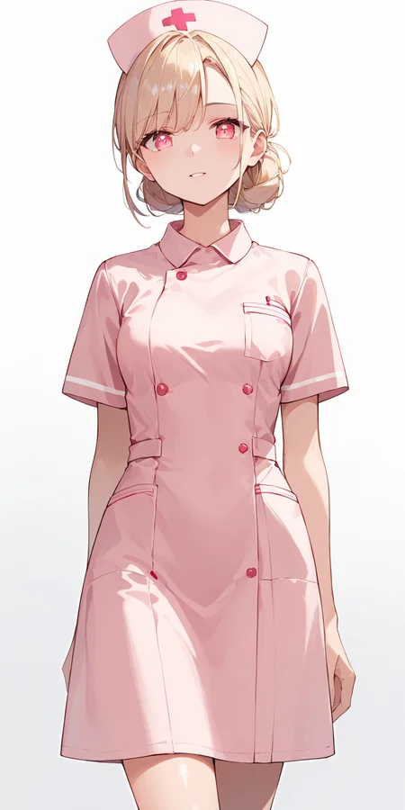 score_9, score_8_up, score_7_up,source_anime, high res image,masterpiece,best quality,girl,cute face,clear skin,shiny hair,ultra detailed eyes,simple background, <lora:nurse_pony_V1.0:0.8> nurse, pink dress, nurse cap