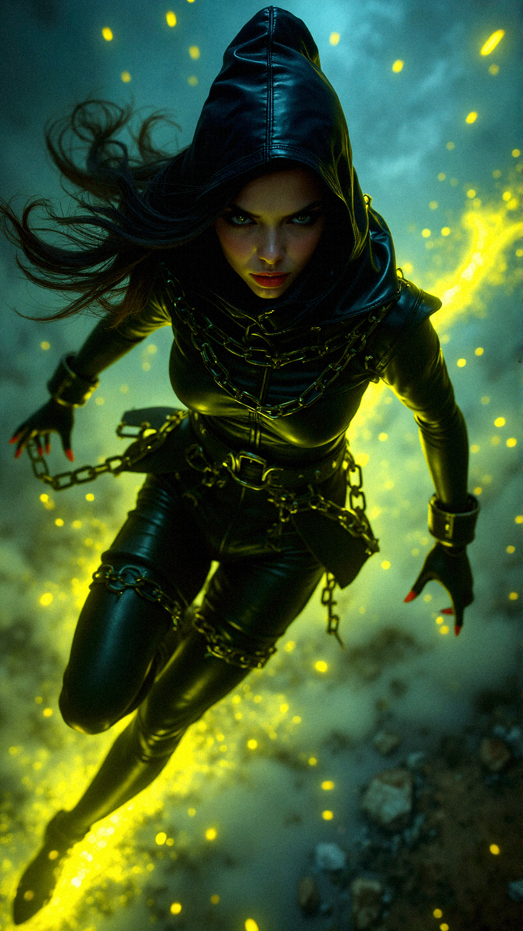 fA swiftly moving ninja woman clad in sleek black night suit bounted up with heavy chains, dashing through the darkness, her movements fluid and deadly. Big tiits. naaked body, big tiits ethereal glow, neon yellow, elegant yet sinister, commanding presence, Her precision and speed are mesmerizing, every strike calculated to perfection. The scene is expertly captured in a stunning digital painting, showcasing the intricate details of her attire and the intensity of her attack. The image is rich in colors and shadows, evoking a sense of danger and excitement. It brings to life the thrilling world of ninjas with a level of realism that is truly captivating. (((playful body manipulations))), divine proportion, non-douche smile, gaze into the camera, holographic shimmer, whimsical lighting, enchanted ambiance, soft textures, imaginative artwork, ethereal glow, silent Luminescence, whispering Silent, iridescent Encounter, vibrant background, by Skyrn99, full body, rule of thirds, high