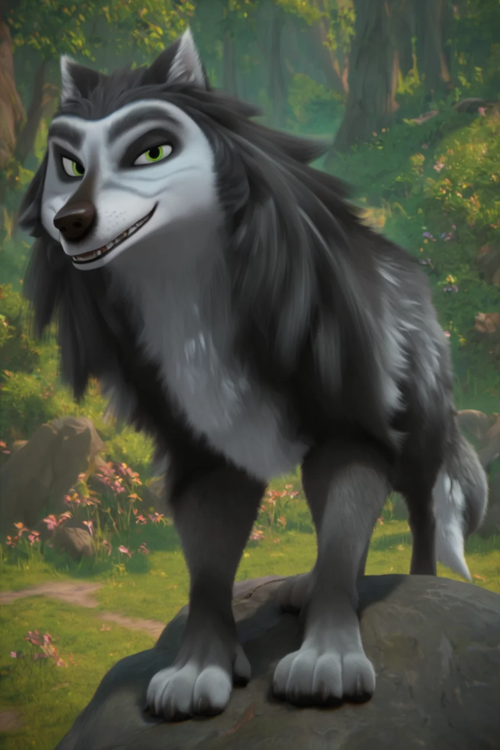 score_9, score_8_up, score_7_up, score_6_up, looking at viewer, smile, aggressive, serious, wolf, male, tone body, gray fur and black gray fur, green eyes, dark eyebrows, tail, solo, standing on rock, forest background <lora:Hutch_Alpha_and_Omega_XLPony:1>