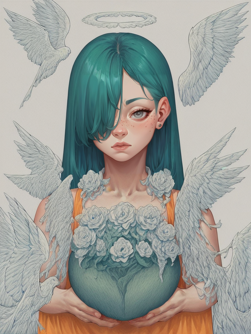 score_9, score_8_up, score_7_up, score_6_up, score_5_up, score_4_up,    <lora:blu3p4rtXLP2:0.7> blu3p4rt, angel, pale skin, long green hair