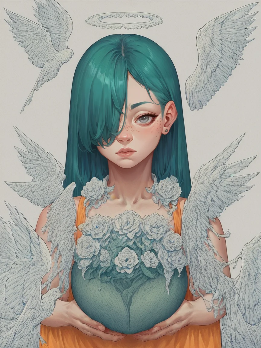 score_9, score_8_up, score_7_up, score_6_up, score_5_up, score_4_up, <lora:blu3p4rtXLP2:0.7> blu3p4rt, angel, pale skin, long green hair