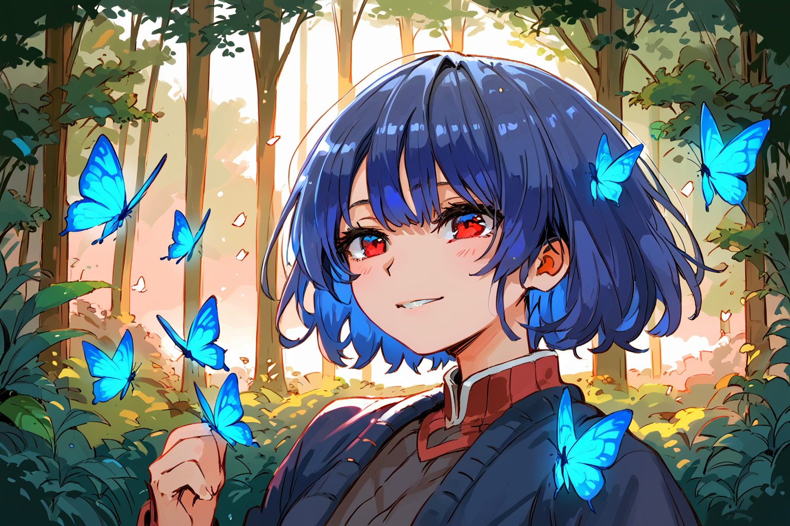 PDXL, source_anime, <lora:MusshuV1:1>, mu55hu, 
1girl, cute face, detailed eyes, upper body, short blue hair, red eyes, glowing butterflies, forest, 
volumetric reflections, volumetric shadows, HDR, shot on Canon DSLR