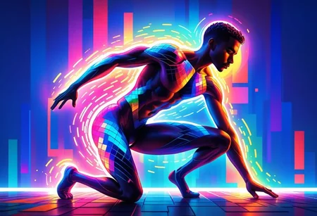 vibrant holographic digital art of an athletic male figure in motion, adorned with neon patterns and lines that give him the appearance of being sculpted from light. He is seen in midpose on his knees, embodying strength and grace as he leans forward to balance himself against gravity. The background features pixelated squares, with neon colors and pixelated patterns that create depth and movement in the style of various artists., the background has colorful pixelated patterns and lights, with high contrast., adding depth while creating a futuristic atmosphere. His skin seems almost the vibrant colors, An illustration of an athletic man in neon colors, An abstract colorful digital illustration of an athletic man with neon patterns on his body