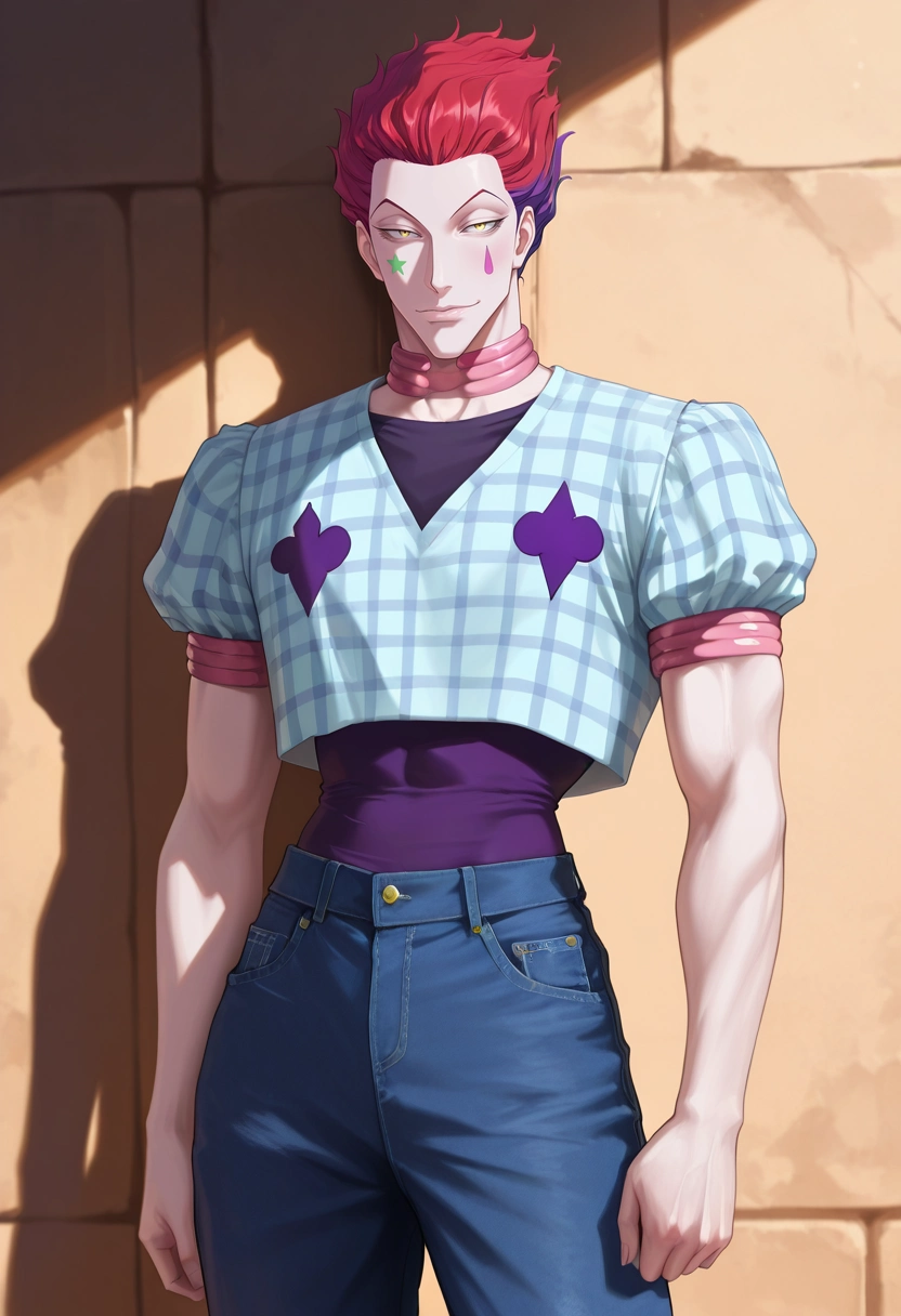 masterpiece, best quality, , (photorealistic:0.6), looking at viewer, 1boy, solo, male focus, <lora:hisoka_morow_ilxl:0.94>, hisoka_morow, red hair, yellow eyes, , , Terry cloth Plaid Plum Hiking shorts, Amethyst Canvas Marble Western denim shirt, , ,