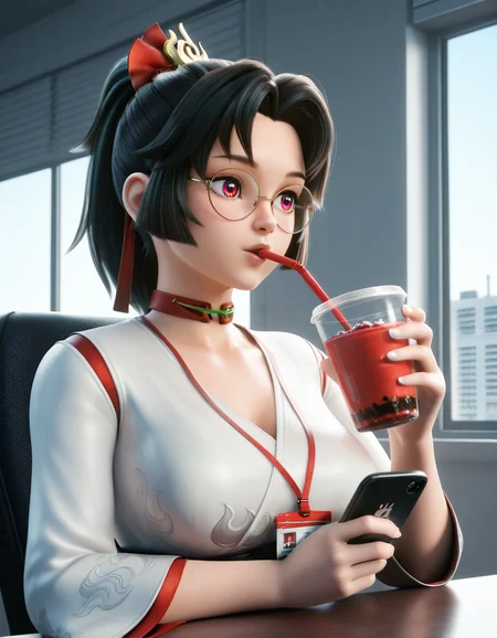 <lora:RyanreosILv4:0.25>, ryanreos, 3D, <lora:MikaDawn3D_-_3D_Style_Illustrious:0.25>, MikaDawn3D, drawn outlines, 2d/3d hybrid, <lora:3D_Crayon:0.25>, <lora:B8M8-Illustrious:0.25>, b8m8, 1girl, id card, holding a white cup with a straw, drinking with straw, office, round eyewear, (masterpiece, best quality, ultra-detailed, absurdres, newest, detailed textures, correct anatomy:1), complex background, <lora:Yunying2llust:0.7>, ying, yun ying \(honor of kings\), [ brown | black ] hair, choker, ponytail, kawaii, [ red | brown ] eyes