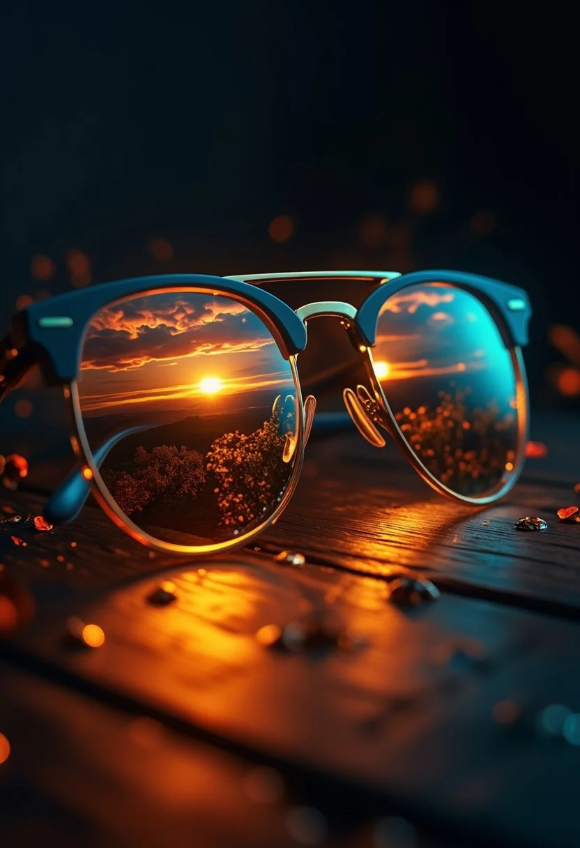 Abstract Lighting Effects, Hyperrealism, Midjourney Style, Photorealism, Cinematic, High Fidelity, Realism, Light Play
Stunning surreal macro closeup photography of a magically reflected sunrise landscape on a pair of dark sunglasses. The frame of the sunglasses is cyan blue plastic and golden metal.
The sunglasses are laying closed, face up on top of a wooden table in a dark room. The reflection of the sunrise lights the area around the sunglasses in a warm golden aura. 
The reflected image of a sunrise is beautiful, lush rolling hills, an orchard in autumn, some vanilla sky clouds. The image of a perfect beginning for an autumn day. The displayed landscape is a bright l, detail rich miniature magical. Beauty and magic is in the scene.
The photography mainly uses golden and autumn colours, counterpointed with bright, deep cyan. 
The composition uses the golden spiral to focus on the beautiful sunrise displayed on sunglasses, the viewpoint is set looking from slightly above the sunglasses. The image uses a strong dark vingette to mask the surrounding.