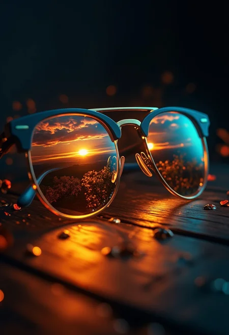 Abstract Lighting Effects, Hyperrealism, Midjourney Style, Photorealism, Cinematic, High Fidelity, Realism, Light Play
Stunning surreal macro closeup photography of a magically reflected sunrise landscape on a pair of dark sunglasses. The frame of the sunglasses is cyan blue plastic and golden metal.
The sunglasses are laying closed, face up on top of a wooden table in a dark room. The reflection of the sunrise lights the area around the sunglasses in a warm golden aura.
The reflected image of a sunrise is beautiful, lush rolling hills, an orchard in autumn, some vanilla sky clouds. The image of a perfect beginning for an autumn day. The displayed landscape is a bright l, detail rich miniature magical. Beauty and magic is in the scene.
The photography mainly uses golden and autumn colours, counterpointed with bright, deep cyan.
The composition uses the golden spiral to focus on the beautiful sunrise displayed on sunglasses, the viewpoint is set looking from slightly above the sunglasses. The image uses a strong dark vingette to mask the surrounding.