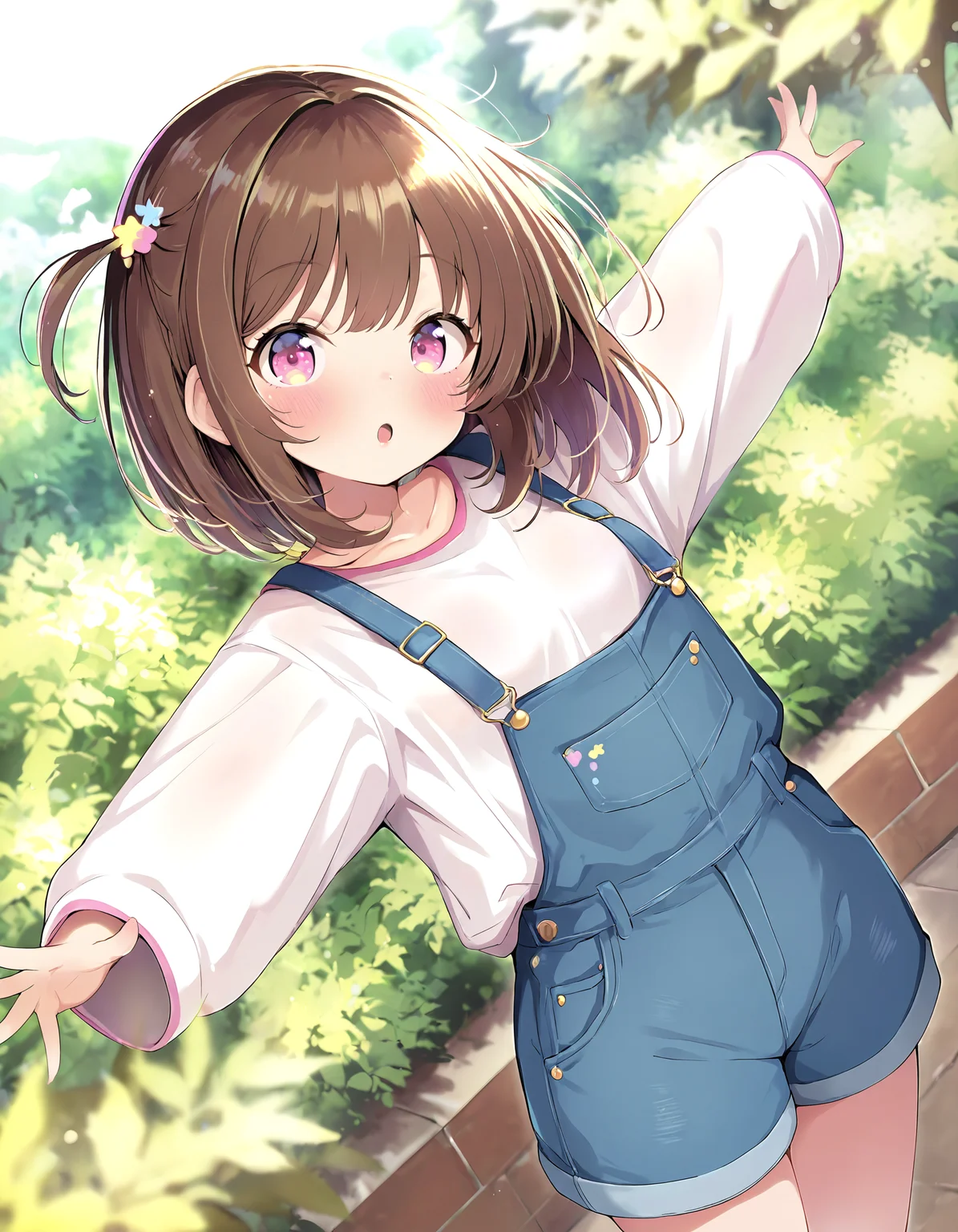 ((ultra-detailed)), ((best quality)), ((beautiful eyes)), ((extremely detailed)), 4K, (8K), best quality, (beautiful), Master piece, highres, best quality, official art, highres, masterpiece, newest,1girl, solo, small breasts, :O, blush, pink eyes, brown hair, bangs,blue overalls, white shirt, sleeves pasts hands, oversized clothes, cute pose, spread arms, standing, looking at viewer, dutch angle, detailed background, cheerful, park, outdoors, female focus,