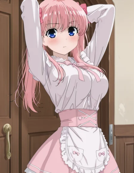 masterpiece, best quality, amazing quality, 1girl, solo, nodokask, 1girl, pink hair, twintails, blue eyes, long hair, anime color, anime screencap, <lora:HaramuraNodokaIllus:1.0>, looking at viewer, blush, closed mouth, ,<lora:noobai_vpred_1_masterpieces_v23:1.0>, indoor, aethetic lighting, door, wooden door, pink skirt, maid dress, long sleeves, pink bow, apron, lace trim, hair bow, sleeves past wrists, <lora:LovelyCatMaidILL:0.8> ,
