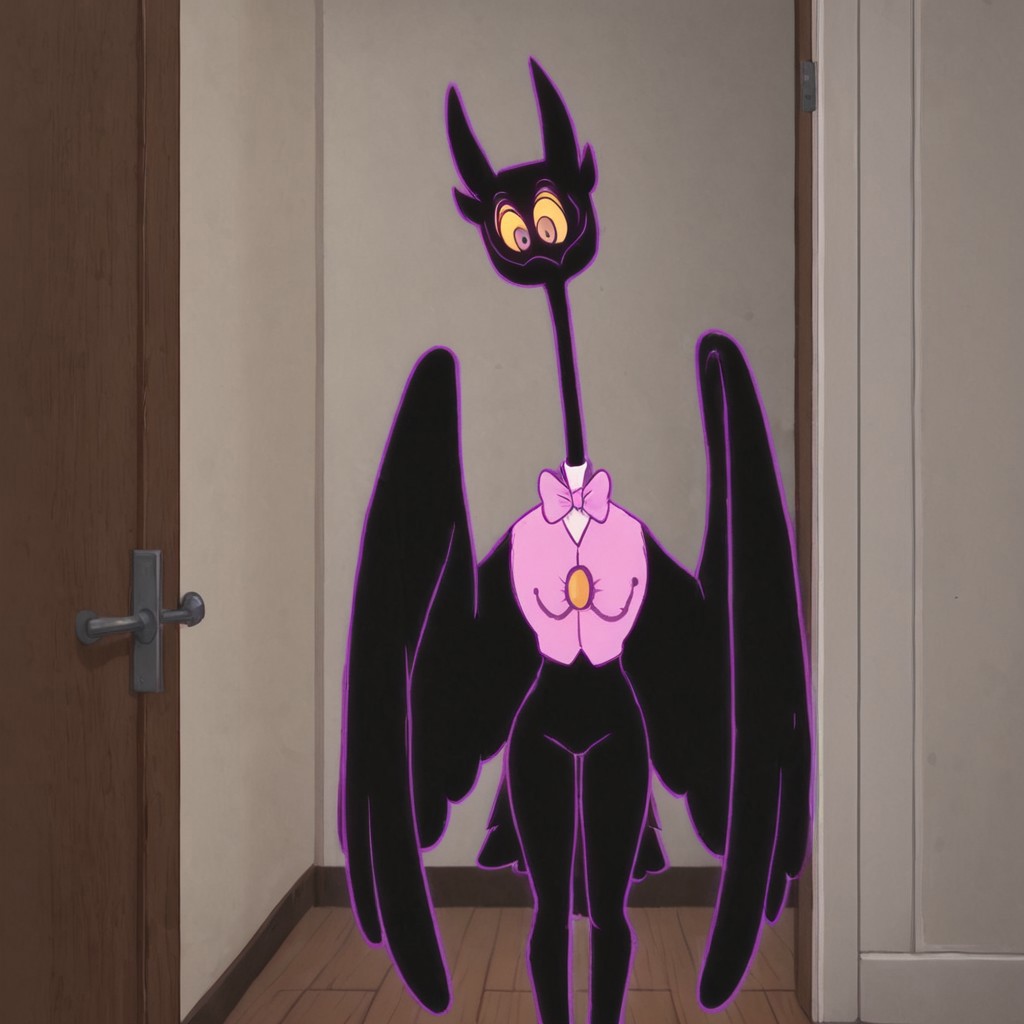 score_9, score_8_up, score_7_up, indoors, long dark hallway, doors, wall BREAK, Barnaby, owl, extremely  pink bow, wings, black body, purple glowing outline, pink bow tie, pink vest, white collared shirt, cuffed sleeves, long neck, bendable neck, anthropomorphic, solo, bowing, greeting the viewer, thick thighs, bottomheavy, wide hips,