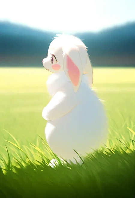 mirregrr, bikabaka, alens, 1girl, solo, furry, cute, kemono, masterpiece, best quality, very awa, very aesthetic, absurdres, rabbit, on grass, blurry background, general