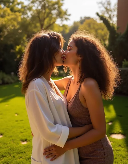 safe_pos,<lora:Lesbian Lovers (Flux):1>,two woman standing in a garden having a passionate french kiss on a warm summers day,