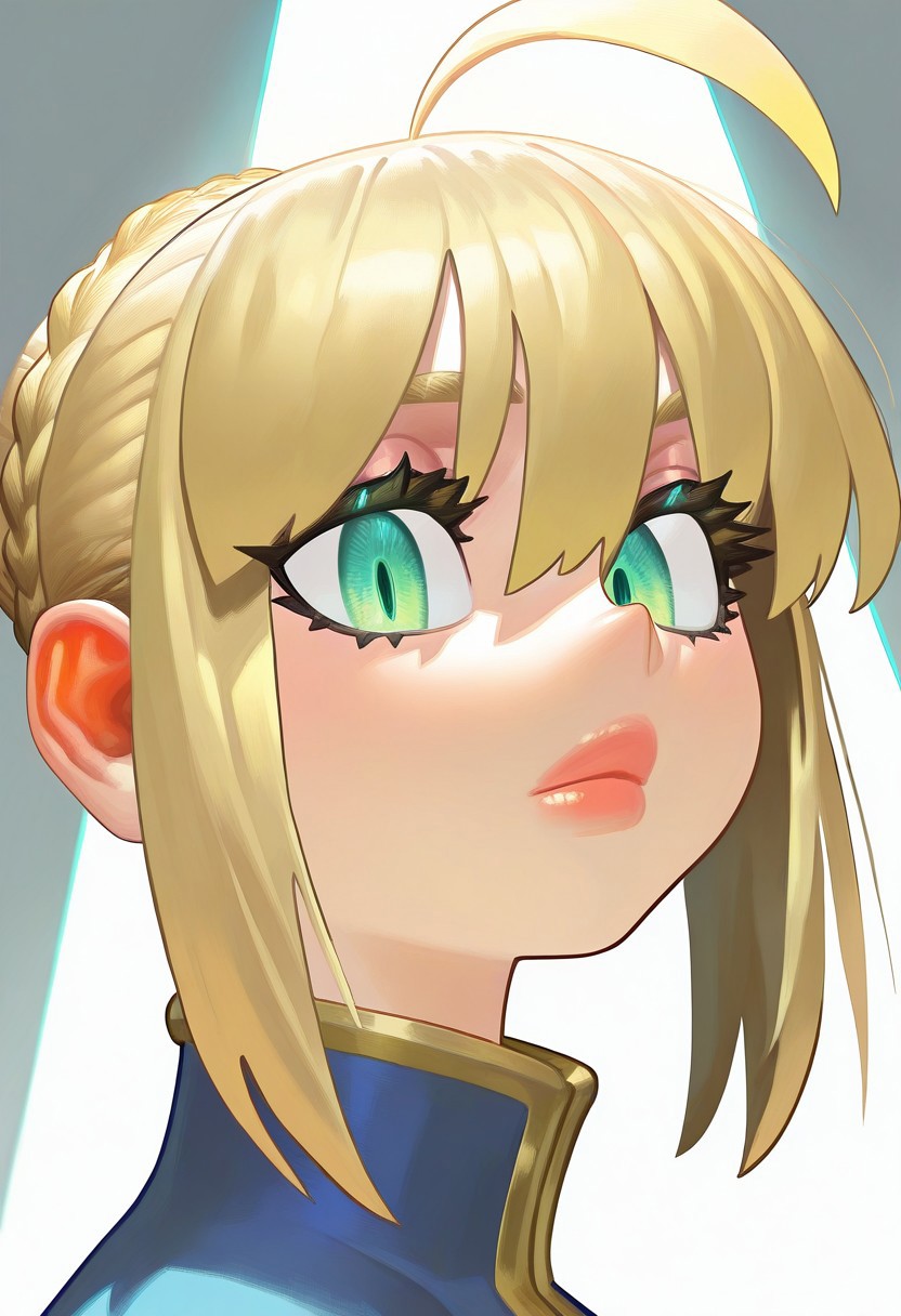 ZolicPSTL_ST, masterpiece, best quality, very aesthetic, high resolution, ultra-detailed, absurdres, newest, extremely detailed eyes, beautiful, perfect lighting, hi res, amazing quality, very awa, Brightly Lit, Highly Visible, 8k, sharp focus, beautiful, perfect lighting, volumetric lighting, scenery, painting_(artwork), 1girl, saber, artoria pendragon (fate), blonde hair, looking at viewer, white background, ahoge, eyelashes, portrait, green eyes, simple background, lips, closed mouth, bangs, close-up, hair between eyes, braid, short hair, sidelocks