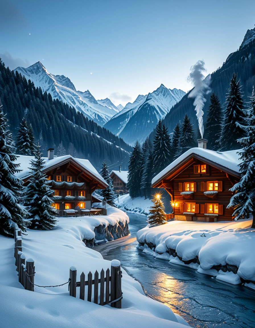 A stunning winter scene in the Tyrol region of Austria. A charming wooden chalet with traditional alpine architecture stands on a gentle snow-covered slope, surrounded by dense evergreen forests blanketed in fresh snow. The chaletâs warm interior lights glow softly through its large windows, creating a cozy contrast against the cool twilight hues of the sky. A plume of smoke drifts from the chimney, hinting at a roaring fireplace inside. In the foreground, a small wooden fence is partially buried under the snow, while a frozen river winds through the valley, reflecting the moonlight. Towering, snow-capped peaks of the Austrian Alps dominate the background, adding a breathtaking sense of grandeur. Snowflakes gently fall, adding movement and depth to the peaceful, picturesque scene. The image is hyper-realistic, capturing the intricate textures of the wood, snow, and ice, with cinematic lighting that highlights the magical winter ambiance.
<lora:SDXLFaeTastic2400:0.4> <lora:extremely_detailed:0.4> extremely detailed,<lora:winter_scene_in_the_Tyr0l:1>,winter scene in the Tyr0l, Masterpiece,best quality,hi res,8k,hi res,8k,award winning,(sharp focus, intricate, highly detailed),