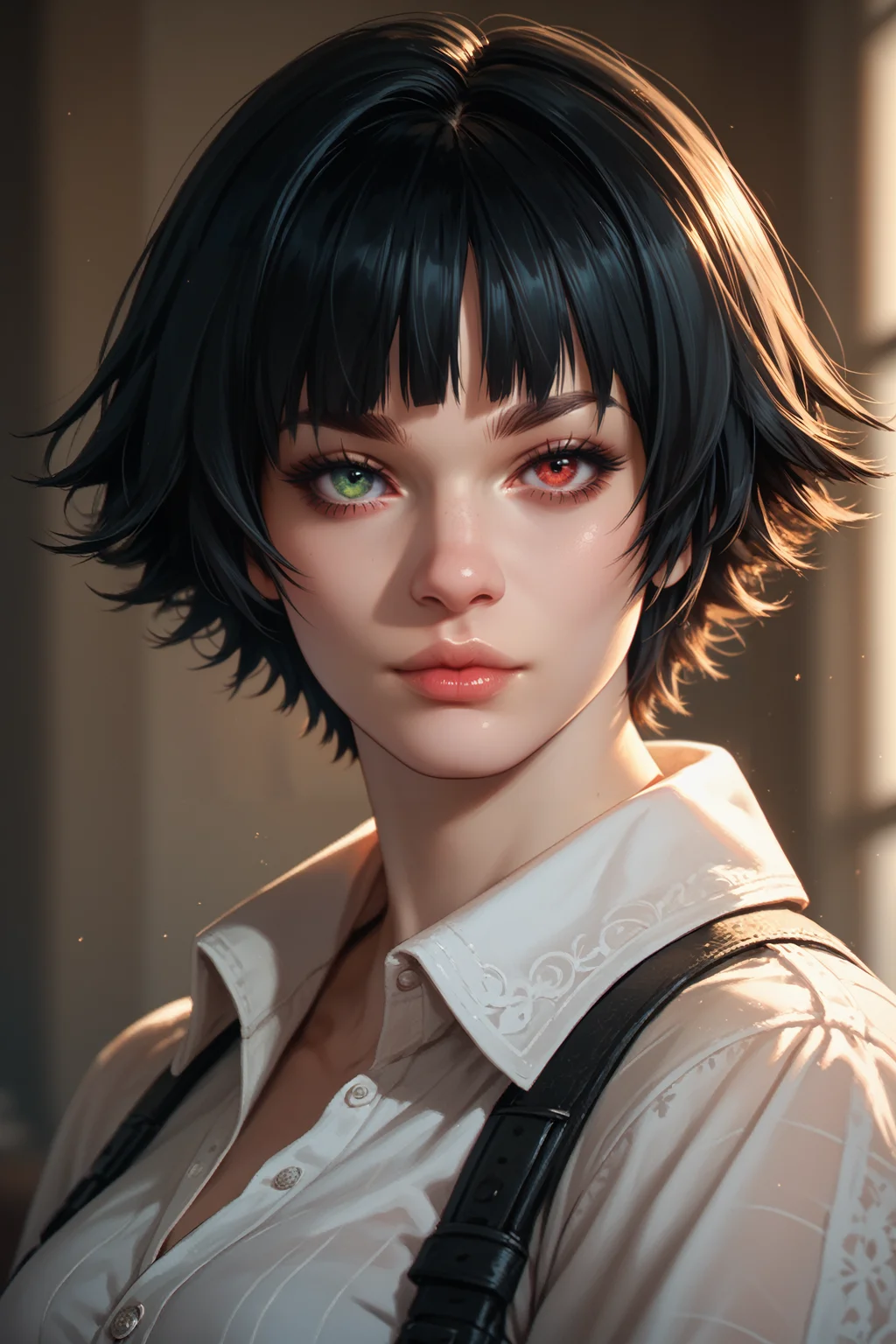 score_9, score_8_up, score_7_up, score_6_up
<lora:DMC5Lady:1.0>
DMC5Lady, 1girl, black hair, short hair, heterochromia, green eyes, red eyes, looking at viewer, portrait