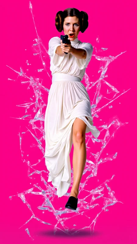 <lora:Carrie_Fisher_Flux:1.2> A dynamic, high-energy scene captures Carrie Fisher as Princess Leia Organa holding a blaster from starwars pointed at viewer in a fierce pose, mid-action as she bursts through a shattered glass surface, shards flying in all directions. Perfect hands. The background is a solid, vivid HotPink, creating a stark, intense contrast with the sharp, reflective fragments of glass. She's a young woman with fair skin and brown hair styled in two large, round buns, dressed in her iconic white, floor-length gown, which features a high neck and long, flowing sleeves. Her body is marked with small cuts from the glass, droplets of blood glistening under the light. Her expression is one of pure fury, his eyes locked onto the viewer as if they are the target of her rage. Her pose is explosive, one leg extended forward as if sheâs leaping through the air, his arms raised defensively or ready to strike. The glass shards around him are frozen in mid-air, their jagged edges catching the light and creating a chaotic, almost surreal effect. The HotPink background amplifies the intensity of the moment, evoking a sense of danger and raw emotion. The atmosphere is charged with adrenaline, the aftermath of his violent breakthrough palpable in every detail. The image feels as if itâs happening directly in front of the viewer, Carrie Fisher as Princess Leia Organaâs momentum and the flying glass creating a sense of immediacy and immersion. Itâs a moment of chaos and power, a snapshot of rage and determination frozen in time. The combination of the HotPink backdrop, the sharp glass, and Carrie Fisher as Princess Leia Organaâs fierce expression makes for a visually striking and emotionally charged composition. She goes forward, driven by duty and the promise of glory.