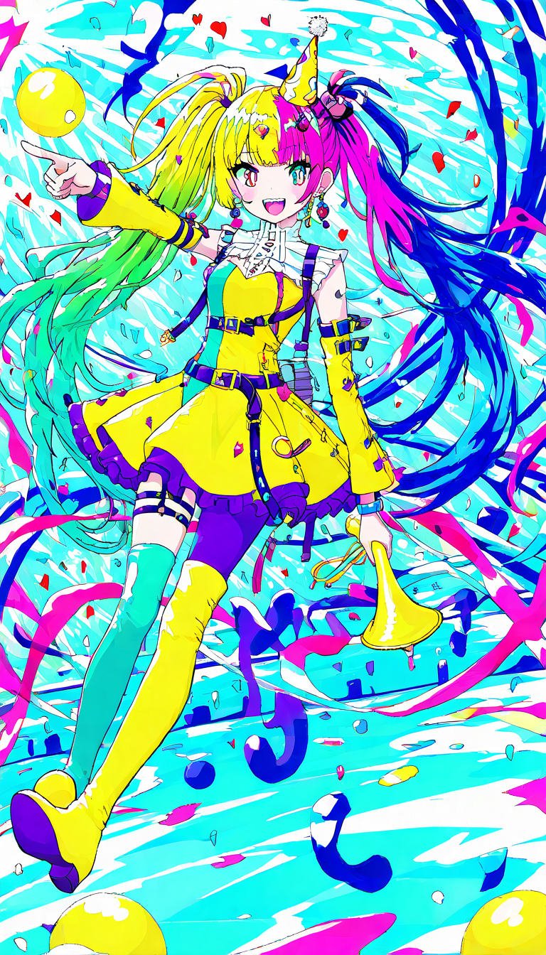 masterpiece, best quality, good quality, very aesthetic, absurdres, newest, 1girl, dynamic, solo, long hair, looking at viewer, smile, open mouth, blonde hair, long sleeves, hair ornament, dress, hat, holding, jewelry, very long hair, twintails, blue hair, purple eyes, full body, pink hair, weapon, multicolored hair, :d, pantyhose, earrings, frills, boots, teeth, food, detached sleeves, green hair, belt, pink eyes, wide sleeves, holding weapon, bracelet, gun, thigh strap, gradient hair, upper teeth only, aqua hair, heterochromia, thigh boots, pointing, holding gun, instrument, index finger raised, buckle, asymmetrical legwear, personification, high collar, belt buckle, multicolored eyes, confetti, yellow dress, mismatched legwear, strap, yellow footwear, jester cap, yellow headwear, colorful, asymmetrical footwear, megaphone, mismatched footwear, trumpet, party hat, party popper, pointy footwear, multicolored headwear, rainbow hair, jester, pointy hat, dynamic angle,