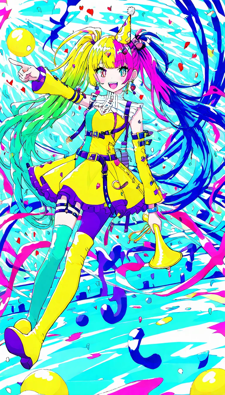 masterpiece, best quality, good quality, very aesthetic, absurdres, newest, 1girl, dynamic, solo, long hair, looking at viewer, smile, open mouth, blonde hair, long sleeves, hair ornament, dress, hat, holding, jewelry, very long hair, twintails, blue hair, purple eyes, full body, pink hair, weapon, multicolored hair, :d, pantyhose, earrings, frills, boots, teeth, food, detached sleeves, green hair, belt, pink eyes, wide sleeves, holding weapon, bracelet, gun, thigh strap, gradient hair, upper teeth only, aqua hair, heterochromia, thigh boots, pointing, holding gun, instrument, index finger raised, buckle, asymmetrical legwear, personification, high collar, belt buckle, multicolored eyes, confetti, yellow dress, mismatched legwear, strap, yellow footwear, jester cap, yellow headwear, colorful, asymmetrical footwear, megaphone, mismatched footwear, trumpet, party hat, party popper, pointy footwear, multicolored headwear, rainbow hair, jester, pointy hat, dynamic angle,