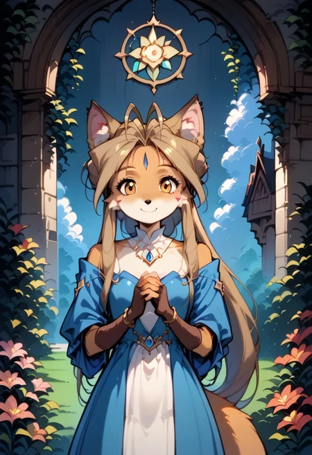 masterpiece, best quality, very detailed,score_9, score_8_up, score_7_up, source_anime, 1girl, solo, looking at viewer, Belldandy, Belldandy as a fox, long fox ears, with ear fluff, animal nose, dirty blonde hair color,long hair, fox tail, golden eyes, with cheek fluff, round face,  (hand pose, standing:1.2), adorable, youthful appearance, cute bodytype, small body, petite body, flat chest, cute, toon, petite, small, cute, toon, petite, small, cute petite, small torso, petite,  looking at viewer, flirty facial expression,  dress, jewelry, earrings, bracelet, cleavage, blue dress, white dress, fingerless gloves, dethatched wings, dethatched angel wings, choker, collarbone, bare shoulders, gold choker, strapless, shawl, gold trim, wind lift, outdoors, garden, low light, dramatic lighting, night, bush, large stone castle in background contrapposto, legs apart, standing, hip focus, cowboy shot, grass, flower, pink flower, light smile, closed mouth, stain remover, hair ornament, flower, lily, solo, haplogroup D1a1a1, high quality, masterpiece, portrait, Hmong, Expressive,  retro art style, Vintage, 1990s \(style\) (female anthro: 1.2), <Anthro Fox Lora for Pony:0.6>, <lora:princess_xl_v2:0.75 > <lora:OldAnimeStyle_XL_v3:0.5> <lora:Expressive_H:1>