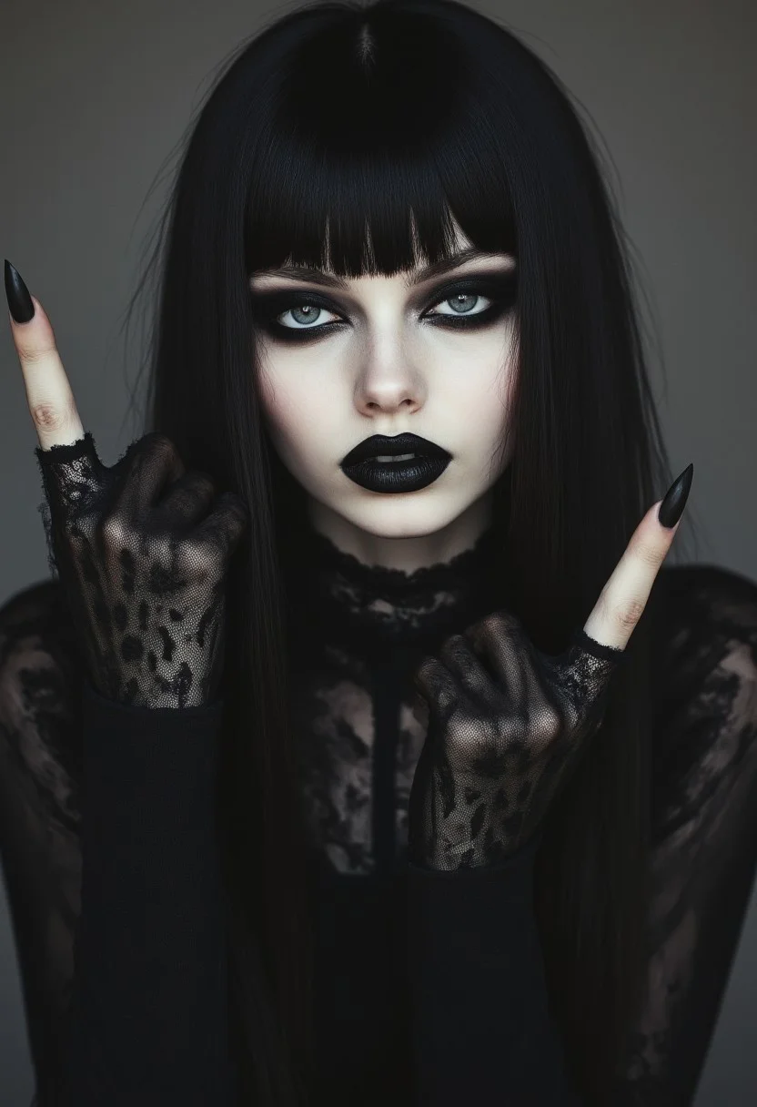 FictionalCrystal, a goth girl with heavy black eye makeup and black lipstick. Doing fingerguns pose and winking