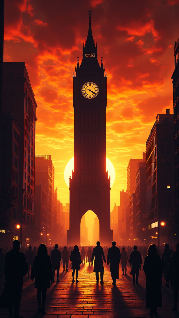 In the heart of a bustling city, a group of people gather around a large clock tower. The sky is painted in hues of orange and red as the sun sets behind them. deep yellow and dark orange details, aidmaMJ6.1