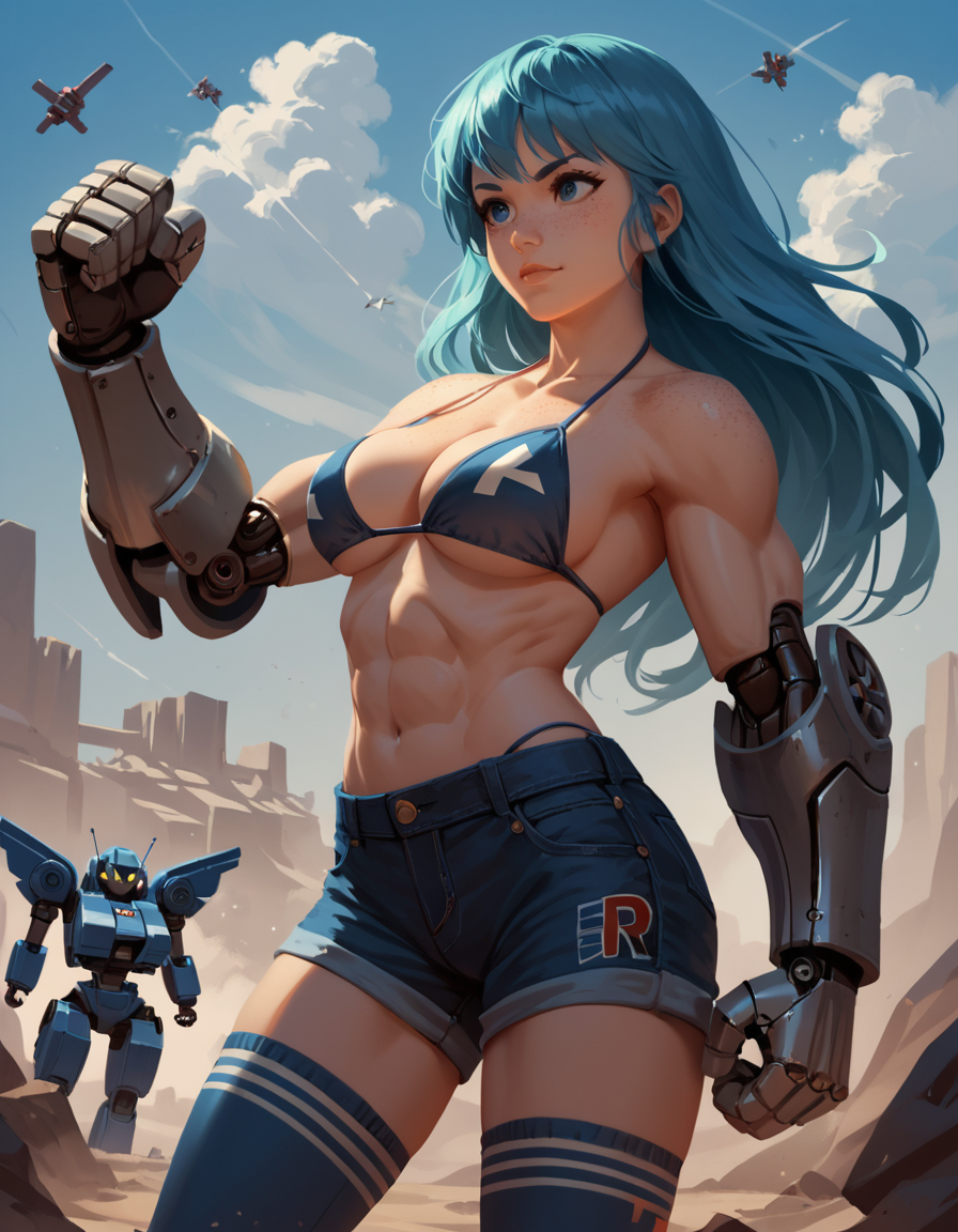 score_9, score_8_up, score_7_up, score_6_up, score_5_up, score_4_up, source_cartoon, lineless, 1girl, adult, gorgeous girl, kawai girl, cute face, superhuman, long metal hair, very long straight hair, bangs, puffy breast, metal arms, freckles, standing, shorts, mechanic, thighhighs, medium rocket breasts focus, posing, sketch, fighting pose, muscle hands, bulky shoulders, bikini, cleavage, detailed arms, arms focus, gigantic arms, mecha arms, armoured hands, rocket boosters, stand still