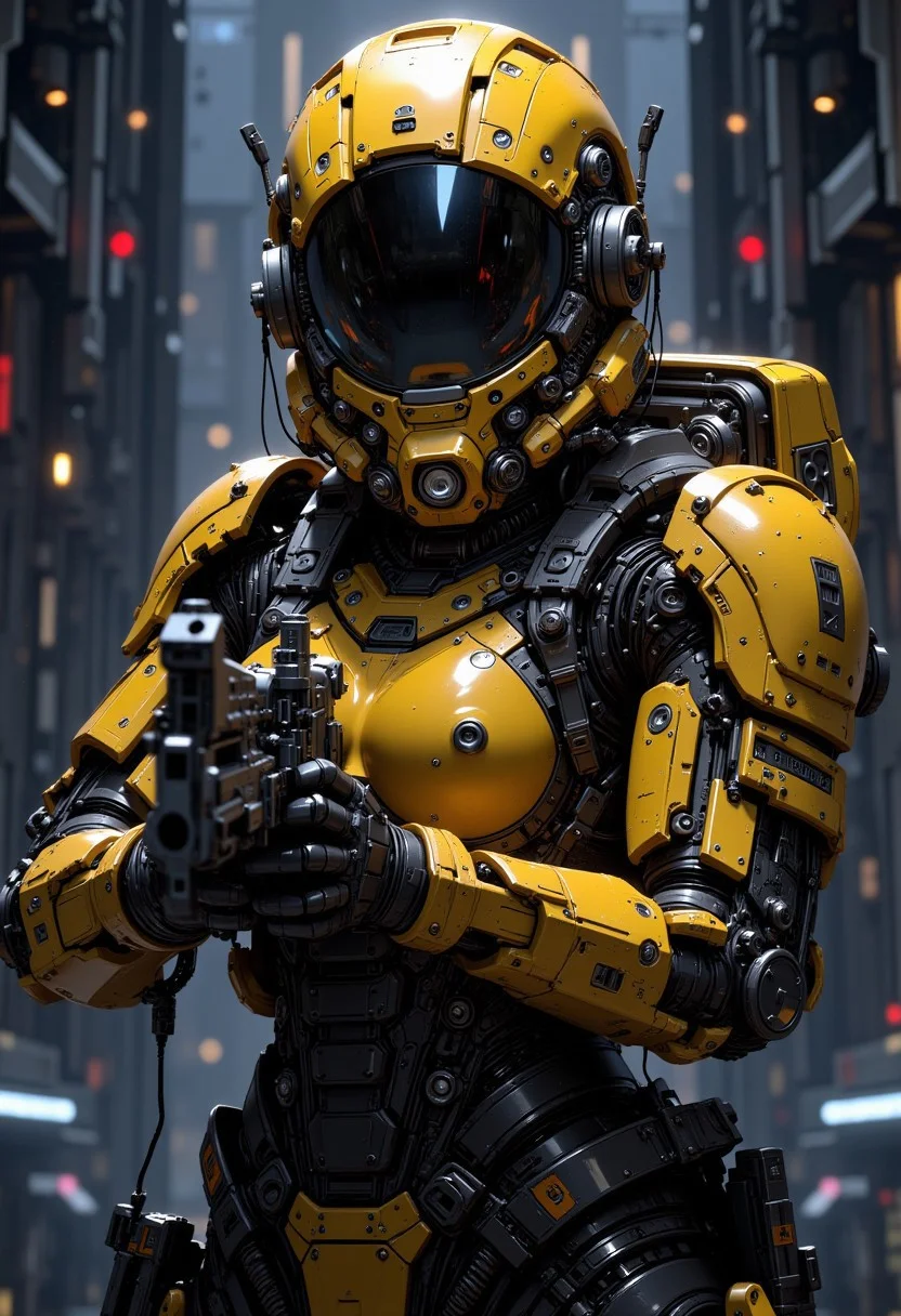 D4rkCyb3rDyn34n1m3 style, photorealistic image of a female space marine in yellow and black armour, helmet with a clear visor reflecting light, hyperdetailed helmet, holding an assault rifle, dark abstract background suggesting interior of spaceship