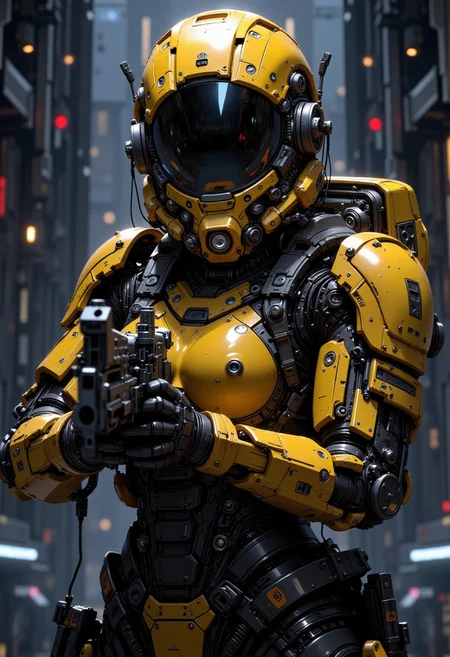 D4rkCyb3rDyn34n1m3 style, photorealistic image of a female space marine in yellow and black armour, helmet with a clear visor reflecting light, hyperdetailed helmet, holding an assault rifle, dark abstract background suggesting interior of spaceship