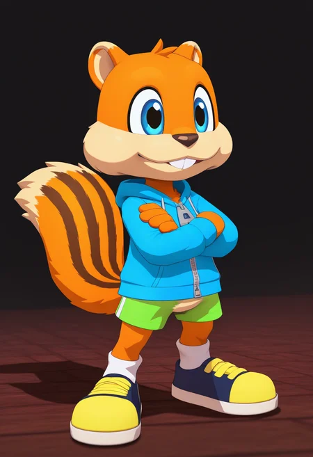 best quality, masterpiece, absurdres, newest, (official style:1.1), cartoon coloring, 3d, solo,
 <lora:Conker_The_Squirrel_-_Rare_Games:0.8> 1boy, c0nk3r, male focus, squirrel, masculine, cute, anthro, orange fur, black animal nose, furry male, buck teeth, squirrel tail, bushy tail, blue eyes, blue hoodie, front zipper, shoes, green shorts, white socks, 4fingers, arms crossed, determined look,