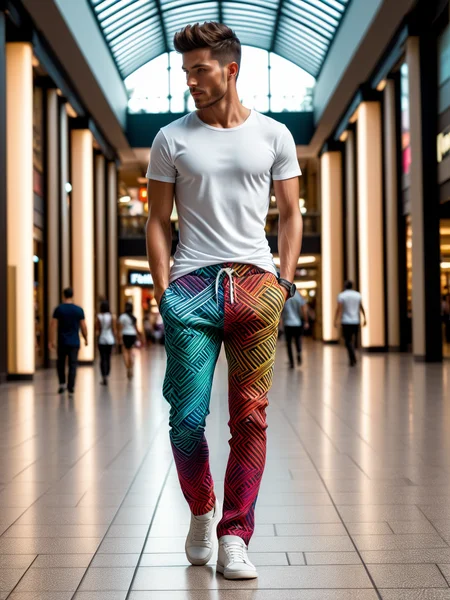 man wearing a colorful madmze pants and white tshirt walking through mall, dynamic pose <lora:Colorful_Maze_Pattern_SDXL:1>, masterpiece, best quality, ultra high res, (photorealistic, realistic:1.2), deep shadow, raw photo, film grain, Fujifilm XT3, 8k uhd, dslr
