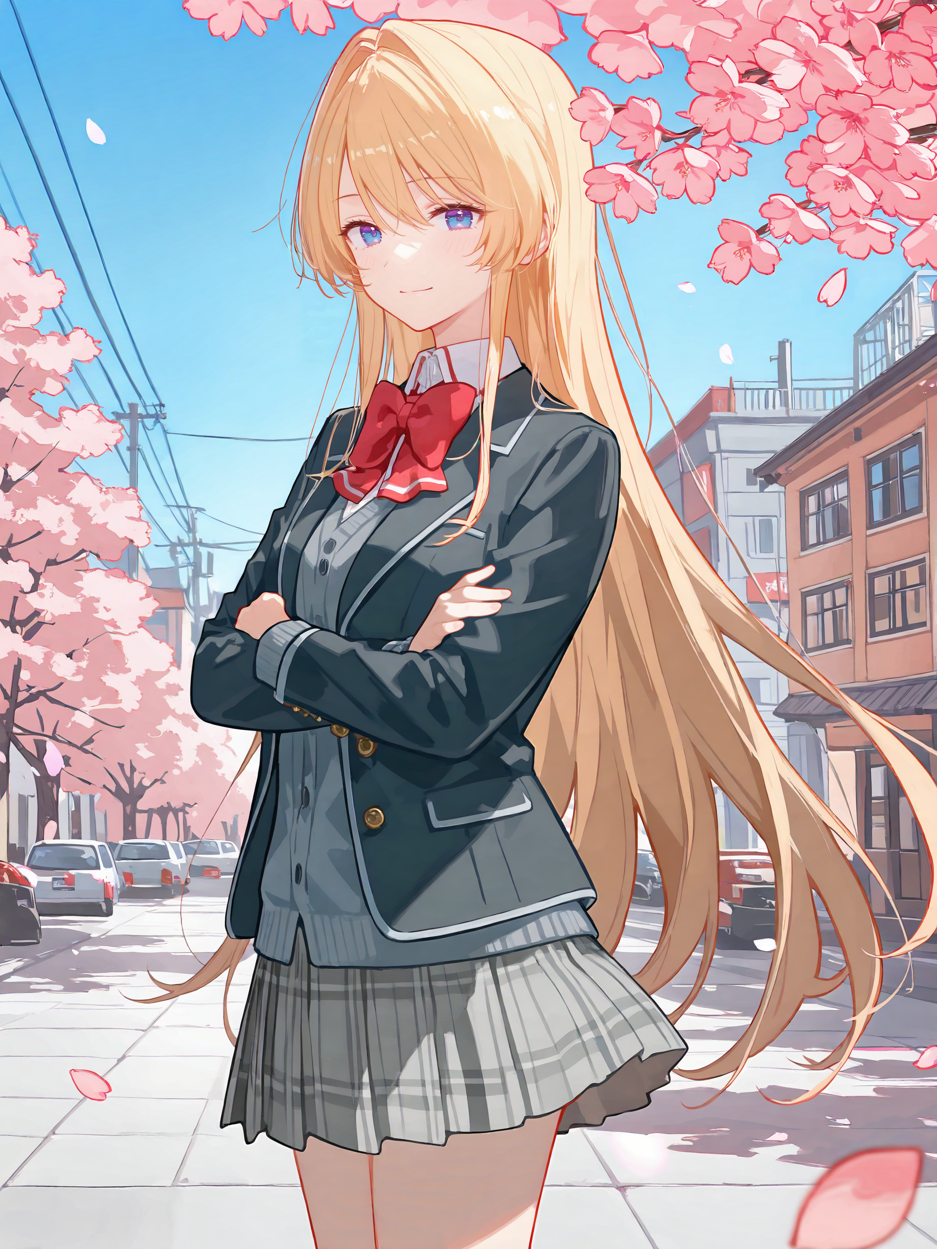 1girl, ouzuka mai, solo, blue eyes, school uniform, pleated skirt, plaid skirt, white collared shirt, blazer, red bowtie, crossed arms, looking at viewer, light smile, standing, cowboy shot, outdoors, street, cherry blossoms, petals, depth of field ,  <lora:Char-Ouzuka-Mai-V1-IL:0.9>
masterpiece, best quality, amazing quality, very aesthetic, absurdres, (ask \(askzy\), hiten \(hitenkei\):0.7), perfect features, intricate details, ray tracing, <lora:XL-aesthetic_anime:1:hr=0.1>, <lora:XL-detailed_notrigger:1:hr=0.5>