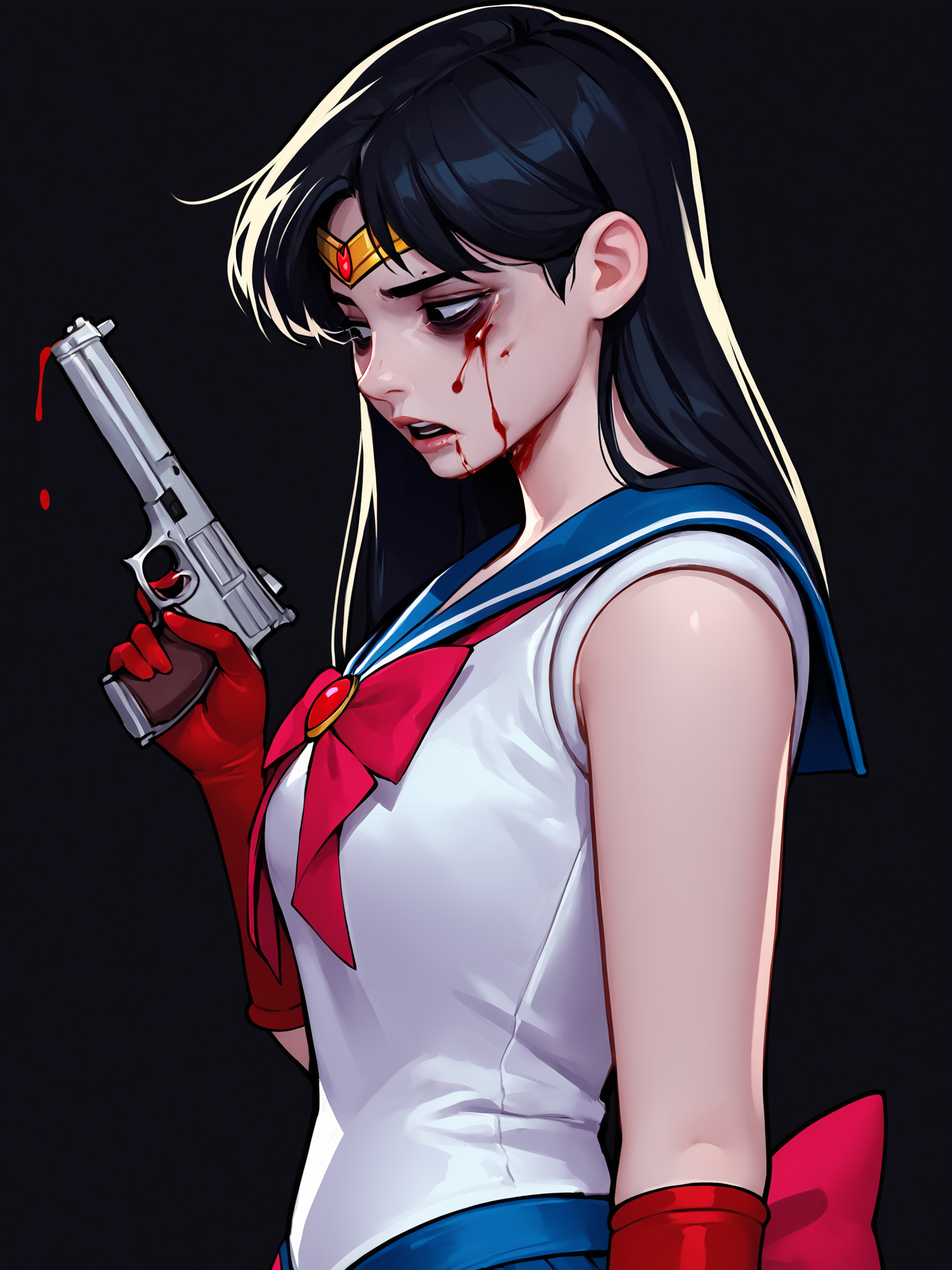 score_9, score_8_up, score_7_up, score_6_up, score_5_up, score_4_up, rating_safe
BREAK
sailor mars, circlet, black hair, black eyes, looking away, tired, half-closed eyes, bags under eyes, sigh, open mouth, looking down, blood on face, blood splatter,
BREAK
solo, portrait, magical girl, red serafuku, from side, (holding gun, handgun:1.2), blood on weapon,
BREAK
black background, <lora:Lunas-ToxxyT-SDXL-A1:1>