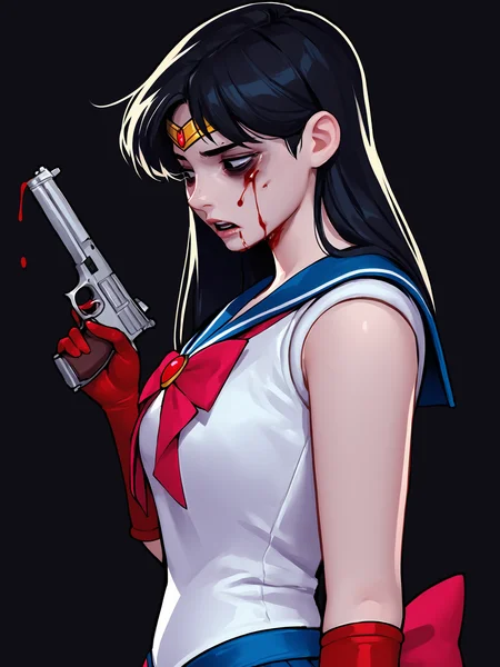 score_9, score_8_up, score_7_up, score_6_up, score_5_up, score_4_up, rating_safe
BREAK
sailor mars, circlet, black hair, black eyes, looking away, tired, half-closed eyes, bags under eyes, sigh, open mouth, looking down, blood on face, blood splatter,
BREAK
solo, portrait, magical girl, red serafuku, from side, (holding gun, handgun:1.2), blood on weapon,
BREAK
black background, <lora:Lunas-ToxxyT-SDXL-A1:1>