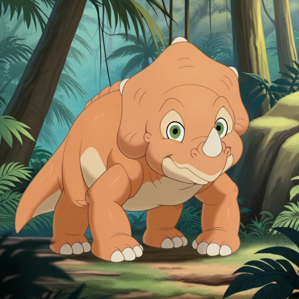 masterpiece, best quality, amazing quality, CeralbttvIL, feral, female, triceratops, orange skin, green eyes, standing, jungle, smile, looking at viewer, <lora:4bd50fb1-f52e-4d34-b4de-368fa25f89eb:1.0>