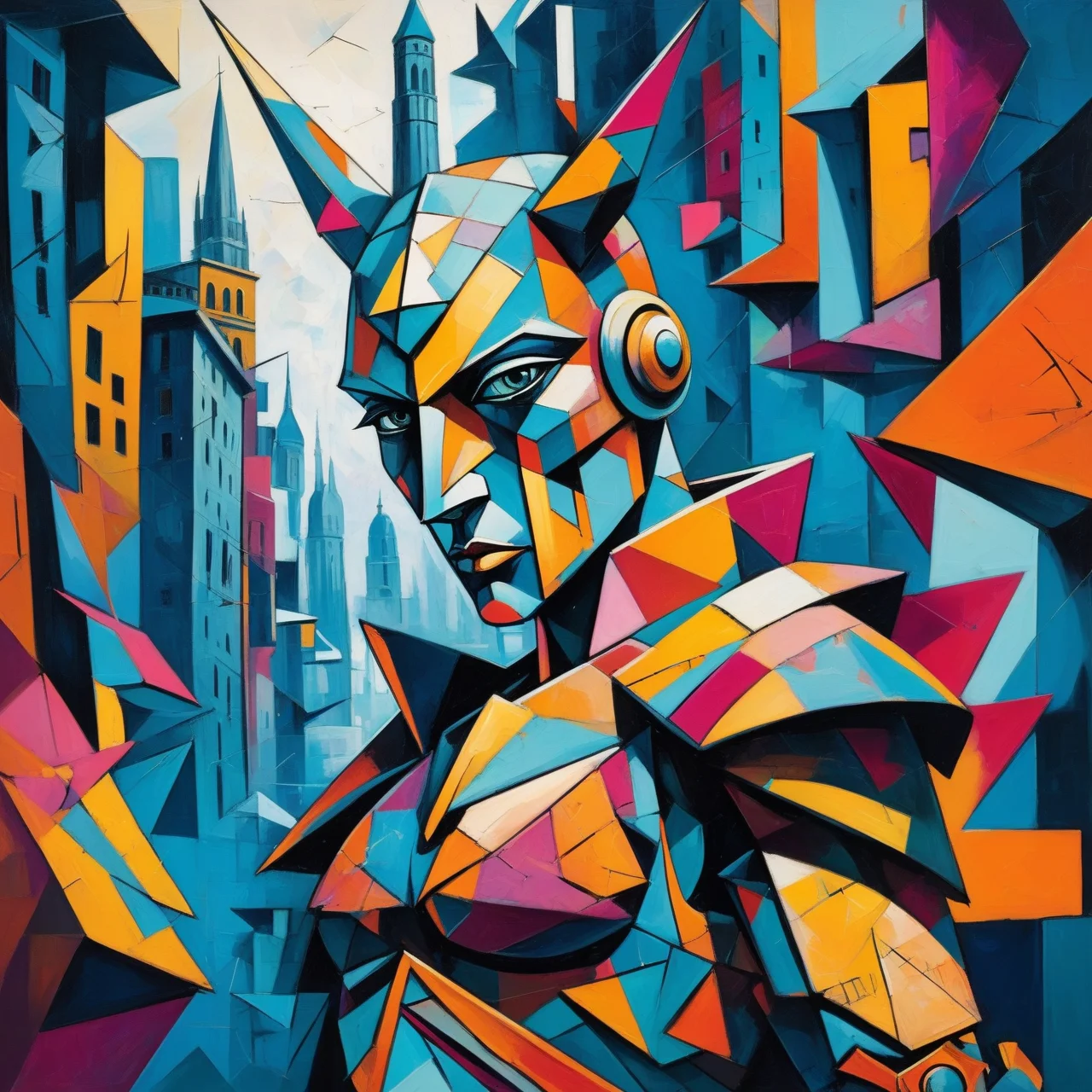 Cubist style, fragmented shapes, geometric patterns, vibrant colors, abstract, high contrast, dynamic composition, detailed armor, cyberpunk elements, cityscape, artistic, multifaceted, textured, layered, Picasso-inspired