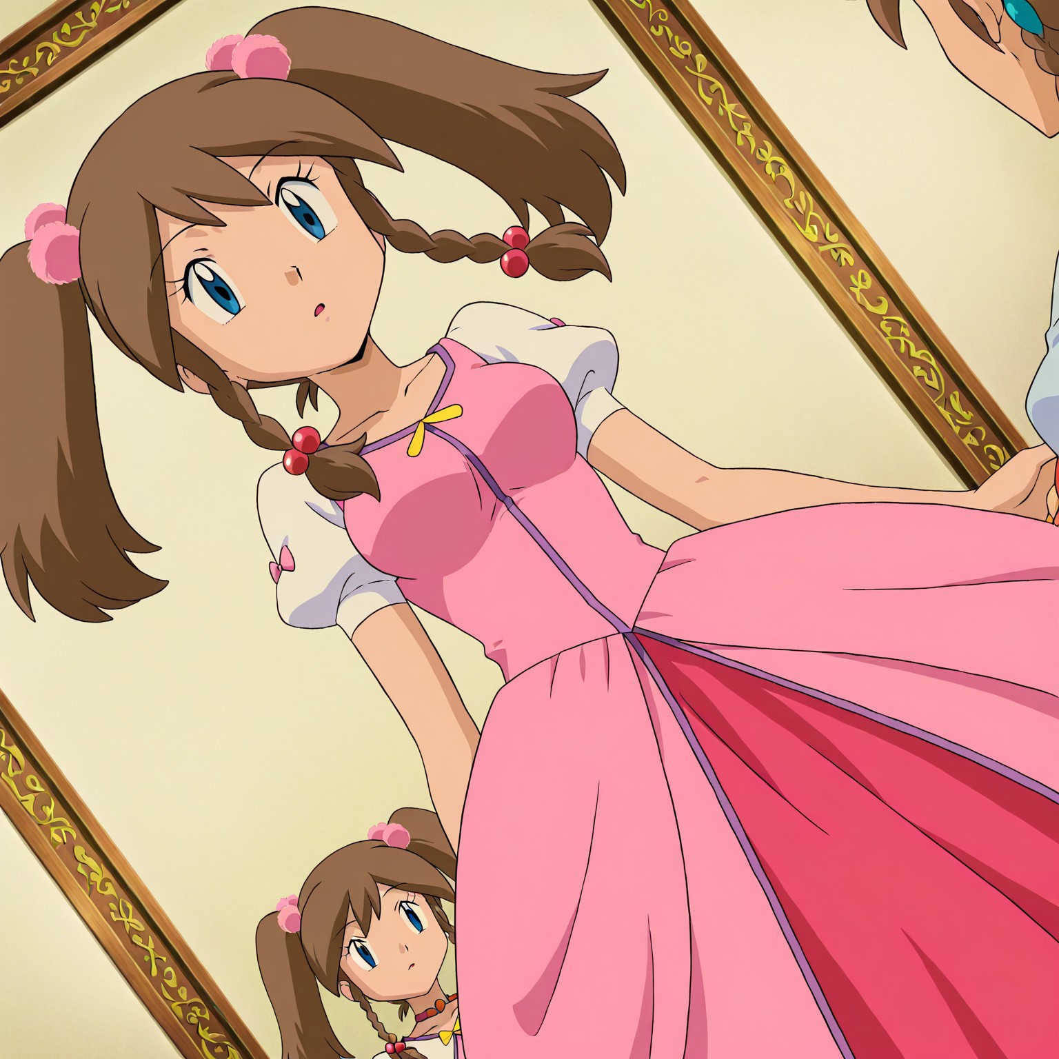 pokemon may, haruka, brown hair, twintails, braid, blue eyes, twin braids, hair ornament, dress, pink dress, hair bobbles, front view, white background, solo focus,medium breasts, dynamic angle, anime art style, anime coloring, Anime Screencap