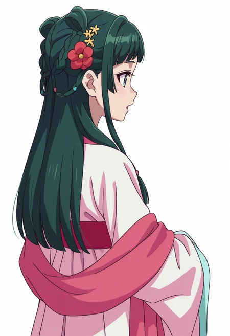 Smooth Quality,masterpiece,very intricate, high quality details, ultra realistic, high detailed skin,detailed enviorement,absurdres,
simple background, white background,solo,
from behind,open mouth,
 <lora:Maomao_CNR:0.8> maomao_cnr,green hair, long hair, green eyes, flat chest, 
 maopink2_cnr,braid, sidelocks,chinese clothes, hanfu, long sleeves, wide sleeves, shawl,hair ornament, hair flower, hair rings