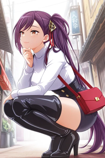 masterpiece, best quality, amazing quality,
<lora:Liu_IL:1> liu, 1girl, long hair, high heels, mole under eye, thighhighs, mole, hand on own chin, boots, bag, side ponytail, high heel boots, black footwear, squatting, hair ribbon, thigh boots, ribbon, purple hair, hair ornament, white shirt, smile, solo, shirt, bangs, long sleeves, very long hair